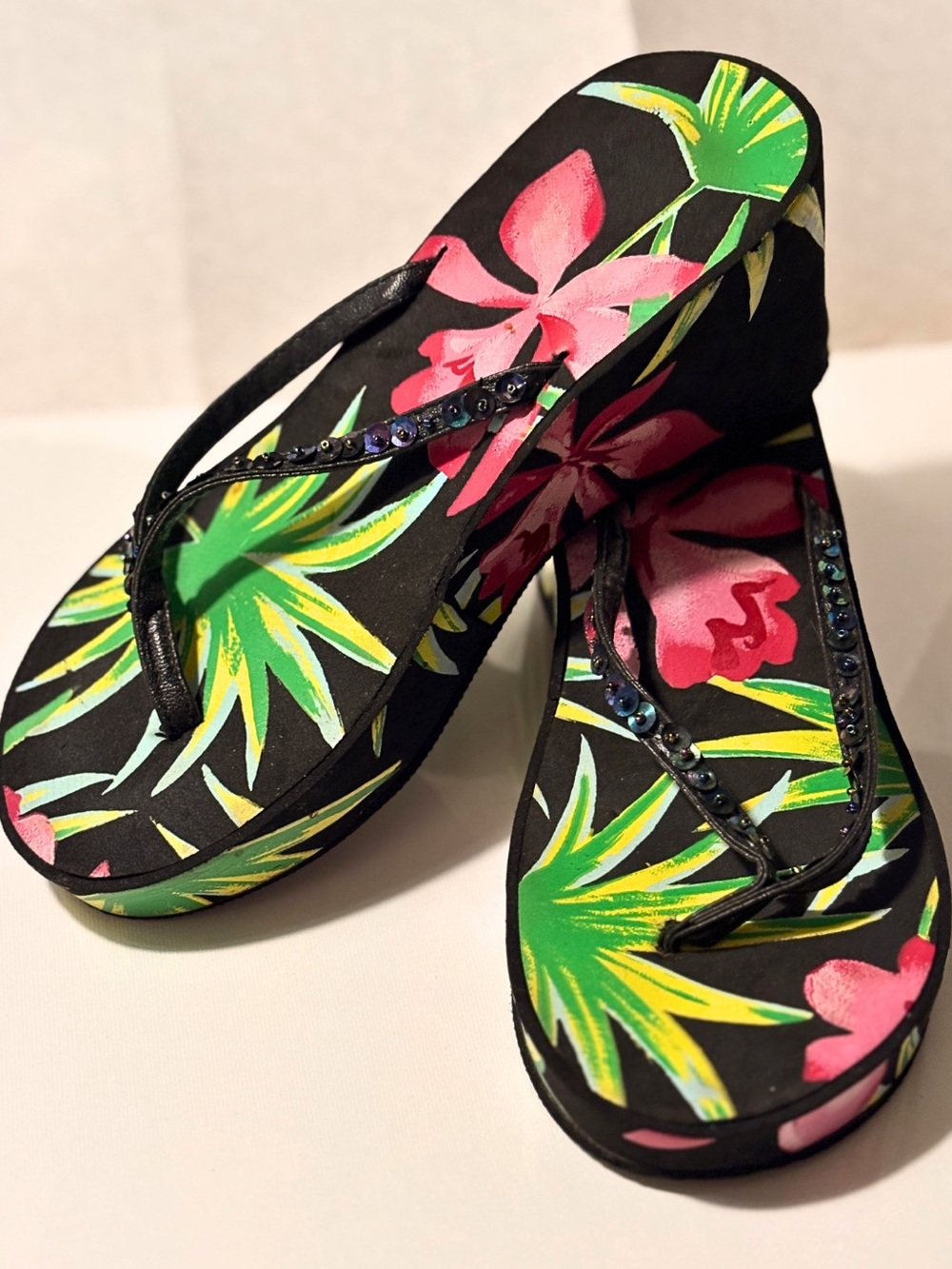Tropical Platform Wedge Flip Flop Sandals Black Pink Coastal Boho Beach SZ 5-6